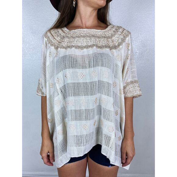 vintage 70s Cream OAXACAN Mexican Heavy EMBROIDERED CAPE top os cut out handmade - Picture 7 of 10